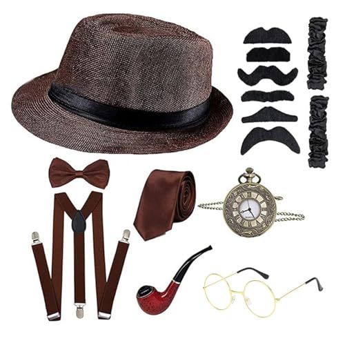 WLNEXT 1920er-Jahre-Kostüm-Zubehör-Set mit Hosenträgern, Zylinderhut, Fliege, Schnurrbärte, Taschenuhr, Partyzubehör, Kaffee WLNEXT 1920er-Jahre-Kostüm-Zubehör-Set mit Hosenträgern, Zylinderhut, Fliege, Schnurrbärte, Taschenuhr, Partyzubehör, Kaffee von WLNEXT