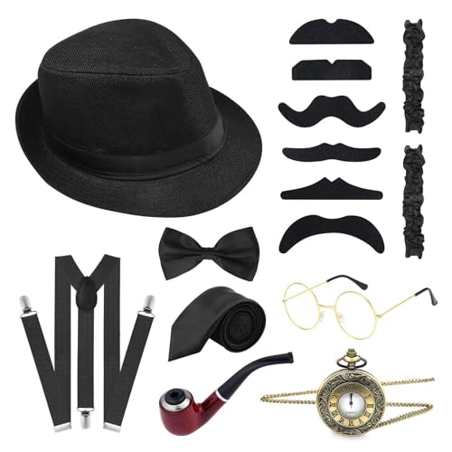 WLNEXT 1920er-Jahre-Kostüm-Zubehör-Set mit Hosenträgern, Zylinderhut, Fliege, Schnurrbärte, Taschenuhr, Partyzubehör, Schwarz von WLNEXT