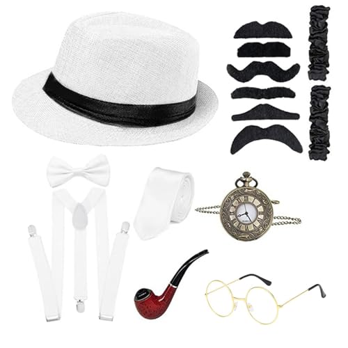 WLNEXT 1920er-Jahre-Kostüm-Zubehör-Set mit Hosenträgern, Zylinderhut, Fliege, Schnurrbärte, Taschenuhr, Partyzubehör, Weiß WLNEXT 1920er-Jahre-Kostüm-Zubehör-Set mit Hosenträgern, Zylinderhut, Fliege, Schnurrbärte, Taschenuhr, Partyzubehör, Weiß von WLNEXT