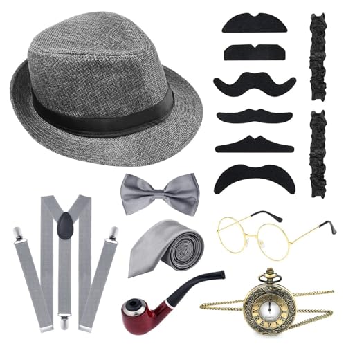WLNEXT 1920er Jahre Kostümzubehör-Set für Herren, Hosenträgerbrace, Zylinderhut, Fliege, Schnurrbärte, Taschenuhr, Partyzubehör, Grau WLNEXT 1920er Jahre Kostümzubehör-Set für Herren, Hosenträgerbrace, Zylinderhut, Fliege, Schnurrbärte, Taschenuhr, Partyzubehör, Grau von WLNEXT