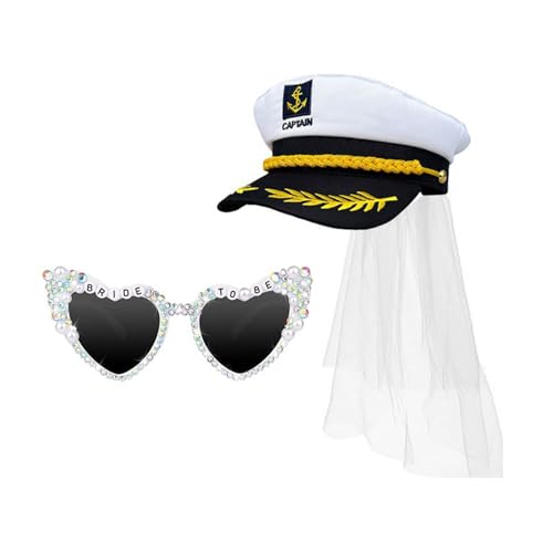 WLNEXT Braut- und Hut mit Schleier für Damen, Brautparty, Kostüm, Kapitänshut, Brillen, Junggesellinnenabschied, Partyzubehör, SET2 von WLNEXT