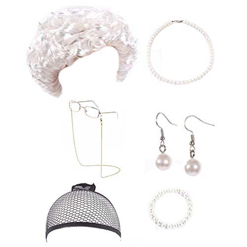 WLNEXT Perücken-Kostüm-Set für alte Dame, Omas, Perücken, Kostüm, Omas, Brillenkette, Halskette, Oma, Oma, Perücken, altes Damenkostüm, 7-teilig, Weiß WLNEXT Perücken-Kostüm-Set für alte Dame, Omas, Perücken, Kostüm, Omas, Brillenkette, Halskette, Oma, Oma, Perücken, altes Damenkostüm, 7-teilig, Weiß von WLNEXT