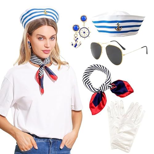 WLNEXT Teens Navy Hut mit Halstuch, Ohrring, Handschuhen und Sonnenbrille, Set mit Kapitänsmütze, Marineblau, Cosplay-Zubehör, Weiß von WLNEXT