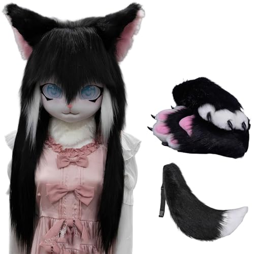 WLYEZAU Fursuit Kig Tiermaske, Pelzkapuze Mit Schwanz-Plüschhandschuhen, Party-Verkleidung, Tragbare Tierkapuze (Color : 11) von WLYEZAU