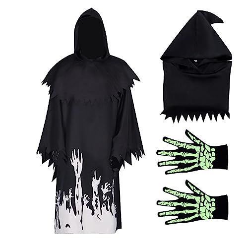 WOBBLO Sensenmann-Kostüm, schwarzes Kapuzenkleid – Sensenmann-Umhang des Todes für Halloween | Halloween-Kostüme Glow in The Dark Death Reaper für Partys, Cosplay, Shows auf von WOBBLO