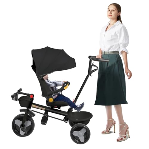 5-in-1-Dreirad für Kinder, verstellbare Schiebestange, Kapazität 20 kg, kompakter Kinderwagen mit Korb und Baldachin, Beleuchtung und Musik, verstellbarer Drehsitz (schwarz) von WODFARR