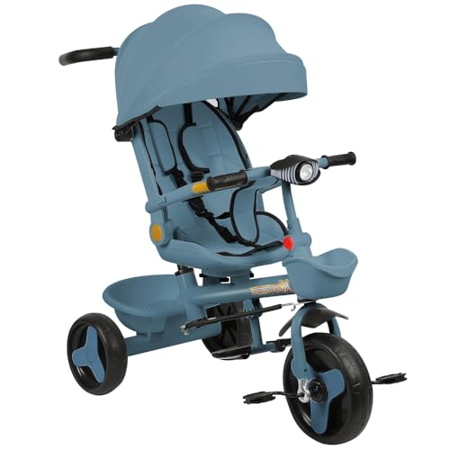 5-in-1-Dreirad für Kinder, verstellbare Schiebestange, Kapazität 20 kg, kompakter Kinderwagen mit Korb und Baldachin, Licht und Musik, verstellbarer Drehsitz (blau) von WODFARR
