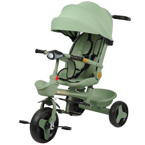 5-in-1-Dreirad für Kinder, verstellbare Schiebestange, Kapazität 20 kg, kompakter Kinderwagen mit Korb und Baldachin, Licht und Musik, verstellbarer Drehsitz (grün) von WODFARR