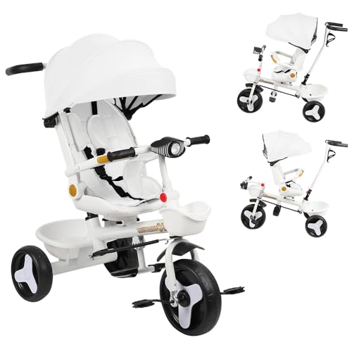Dreirad für Babys, Dreirad für Kinder, mitwachsend, mit Licht, Musik, Sitz, klappbar, abnehmbarer Geländer, Getränkehalter, Weiß Dreirad für Babys, Dreirad für Kinder, mitwachsend, mit Licht, Musik, Sitz, klappbar, abnehmbarer Geländer, Getränkehalter, Weiß von WODFARR