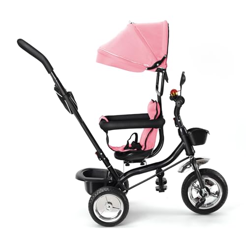 Dreirad für Babys, Dreirad für Kinder, skalierbar, mit faltbarer Sonnenblende und verstellbarem Elternstock, skalierbares Babyfahrrad, Schiebemodus/Schiebemodus/Freimodus (Rosa) von WODFARR