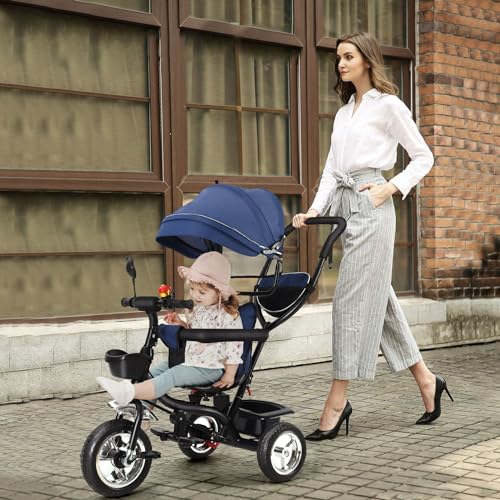 Dreirad für Babys, Dreirad für Kinder, skalierbar, mit faltbarer Sonnenblende und verstellbarem Elternstock, skalierbares Babyfahrrad, Schiebemodus/Schiebemodus/Freimodus (blau) von WODFARR