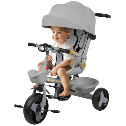 Evolutionäres Baby-Dreirad, 5-in-1-Dreirad mit Schiebestange von 18 Monaten bis 25 kg, Fahrrad für Babys 1 Entwicklungsjahr, Lichter und Musik + drehbarer Sitz + sitzendes und geneigtes Design (grau) von WODFARR