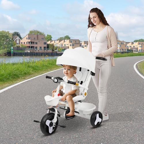Evolutionäres Baby-Dreirad, 5-in-1-Dreirad mit Schiebestange von 18 Monaten bis 25 kg, Fahrrad für Babys 1 Entwicklungsjahr, Lichter und Musik + drehbarer Sitz + sitzendes und geneigtes Design (weiß) von WODFARR