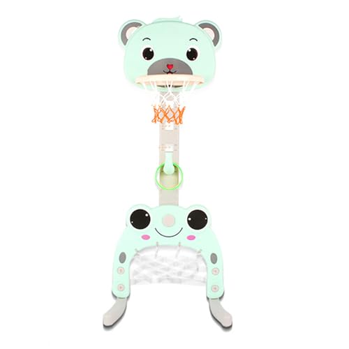 WODFARR 3-in-1-Basketballkorb für Kinder, höhenverstellbar, Ringwerfer, Fußballtor für Kinder für Kleinkinder (grüner Bär, 57 x 49 x 150 cm) von WODFARR