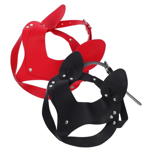 WOFASHPURET 2 Stück Teiliges Punk PU Katzenmasken Leichte Verstellbare Halbgesichts Masken für Damen Schwarze und Rote Tierkostüm Masken für Halloween Fasching Maskenball Cosplay von WOFASHPURET