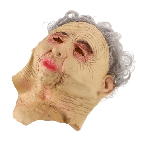 WOFASHPURET Realistische Oma Maske Mit Perücke Für Halloween -kostüm Alte Frauen Menschliche Maske Für Cosplay Short Curly Kostüm Perücke Vollkopfmaske Für Party von WOFASHPURET