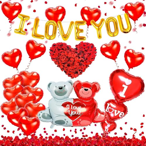 Valentinstag Ballon Kit Dekoration mit ich liebe dich Ballons, Herz Ballons mit 500 pcs rote Rosenblüten für Valentinstag Dekorationen romantischen Vorschlag Hochzeitstag Dekorationen von WOFEU