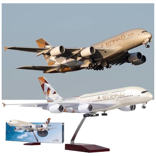WOGYOZKA 1/160 Maßstab 20,1 Zoll Flugzeug A380 ETIHAD Airline-Modell mit Licht und Rad Druckguss-Kunststoffharzflugzeug for Sammlung Legierung Druckguss-Flugzeug Jet-Modellflugzeug(Beige) von WOGYOZKA