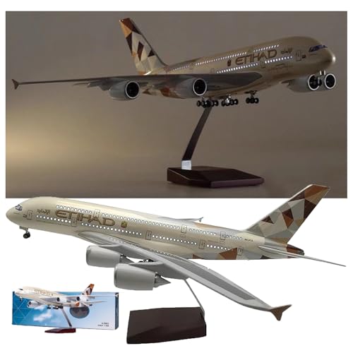 WOGYOZKA 1/160 Maßstab 20,1 Zoll Flugzeug A380 ETIHAD Airline-Modell mit Licht und Rad Druckguss-Kunststoffharzflugzeug for Sammlung Legierung Druckguss-Flugzeug Jet-Modellflugzeug(Light) von WOGYOZKA