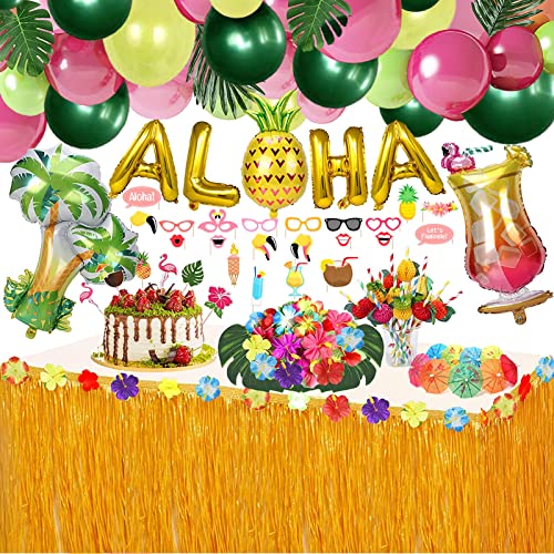 WOHOT 162-teiliges Hawaii Party Dekorationsset - Luftballons, Girlande, Luau Tischröcke, ALOHA Kit für Tropische Sommer Beach Party Deko von wohot