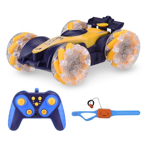 WOHPNLE RC Stuntautos, Fernbedienungsauto doppelseitig Fahren 360 Grad Flips rotierende Spielzeug 4WD Geste Erkennung Stuntauto für Kinder Jungen Mädchen Erwachsene (Dunkelblau) von WOHPNLE