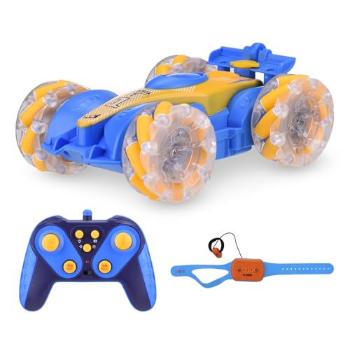 WOHPNLE RC Stuntautos, Fernbedienungsauto doppelseitig Fahren 360 Grad Flips rotierende Spielzeug 4WD Geste Erkennung Stuntauto für Kinder Jungen Mädchen Erwachsene (Hellblau) von WOHPNLE