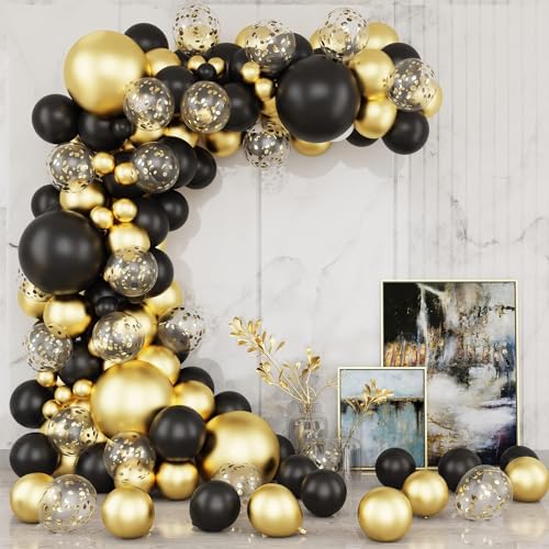 129pcs Schwarz und Gold Ballons Girlande Bogen Kit, Metallic Gold Konfetti Ballons Latex Ballons für Party Geburtstag Graduierung Jahrestag Festival Dekoration von WOIRROIP