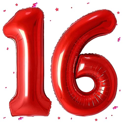 Luftballon 16. Geburtstag Rot, XXL Riesen Rot Folienballon 16 61 für Frauen,40"Luftballon 16. Geburtstag,Zahlen 1 und 6 Folienballon für 16 Jahre Geburtstagsdeko Jubiläum Party Dekoration von WOIRROIP