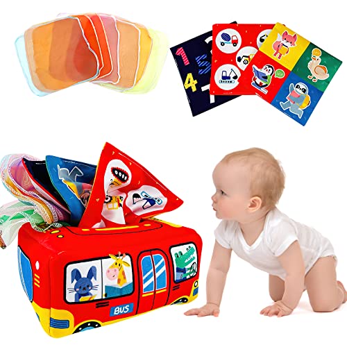 Baby Spielzeug 6 Monate-Montessori Spielzeug Tissue Box Sensorik Spielzeug mit 8er Farbiges Tuch & 3er Crinkle Tuch-Tissue Box Montessori Spielzeug, Hohem Kontrast Babyspielzeug für Babys 0-12 Monate von WOKICOR