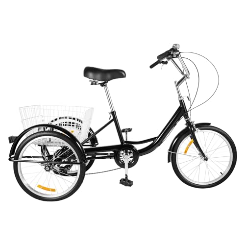 WOLEGM 20 Zoll Dreirad für Erwachsene, 8 Gang Tricycle Radfahren mit Einkaufskorb für ältere Menschen, Schwarz, Erwachsene Dreirad Trike für Einkaufen, Picknicks, Reisen von WOLEGM
