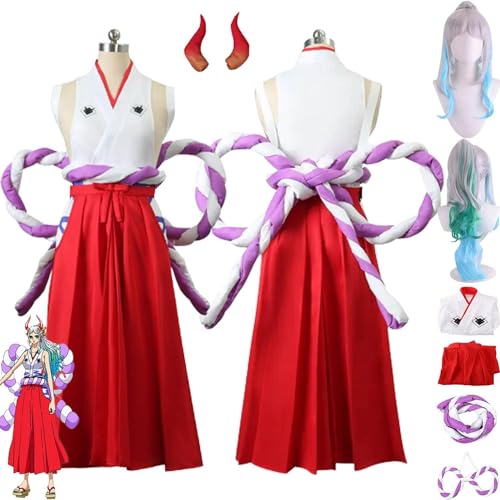 Anime Yamato Cosplay Kostüm Outfit Wano Land Kinono Kopfschmuck Perücke Full Set Halloween Party Karneval Uniform Anzug von WOLWES