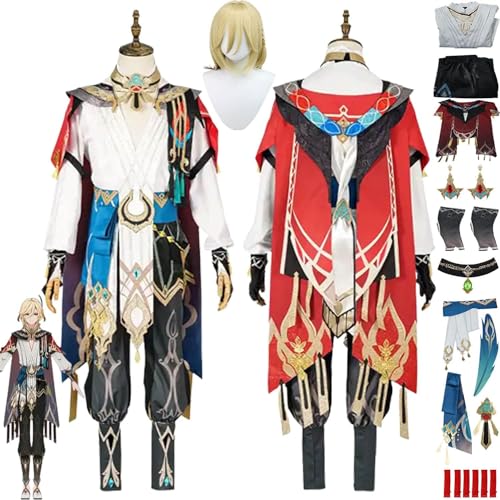 Genshin Impact Kaveh Cosplay Kostüm Outfit Spielfiguren Scaramouche Walker Uniform Komplettset Halloween Dress Up Anzug mit Ohrringen/Kopfschmuck/Perücke von WOLWES