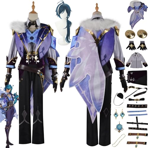 Spielcharaktere Kaeya Cosplay Kostüm Outfit Genshin Impact Scaramouche Walker Blaue Uniform Komplettset Herren Jungen Halloween Dress Up Anzug mit Perücke von WOLWES