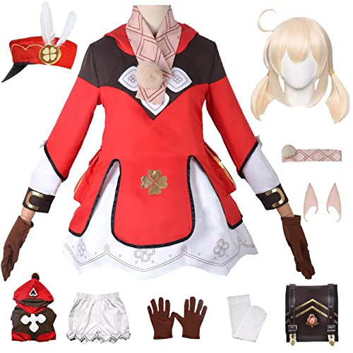 WOLWES 9-teiliges Klee-Cosplay-Kostüm, Spielcharaktere, Cosplay-Outfit, Uniform mit Hut, Kleid, Shorts, Schal, Handschuhen, Ohren, Socken für Karneval, Kostüm, Weihnachten, Party, Halloween von WOLWES