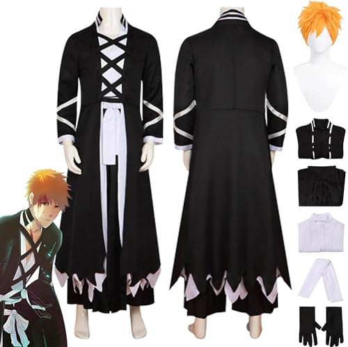 WOLWES Anime B'leach Kurosaki Ichigo Cosplay Kostüm Outfit Rollenspiel Schwarze Uniform Umhang Perücke Komplettset Halloween Party Karneval Dress Up Anzug von WOLWES