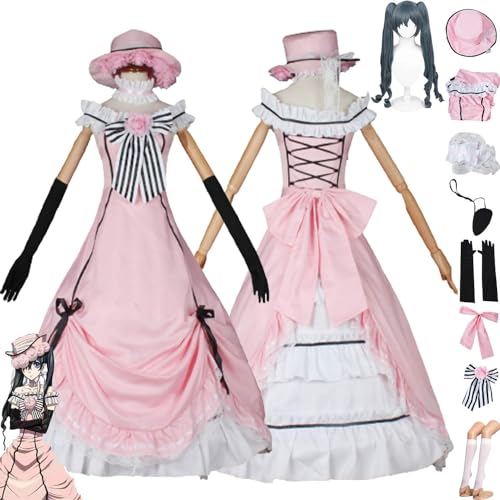 WOLWES Anime Black Butler Ciel Phantomhive Cosplay Kostüm Outfit Rosa Kleider Uniform Hut Perücke Augenmaske Komplettset Halloween Karneval Dress Up Anzug von WOLWES