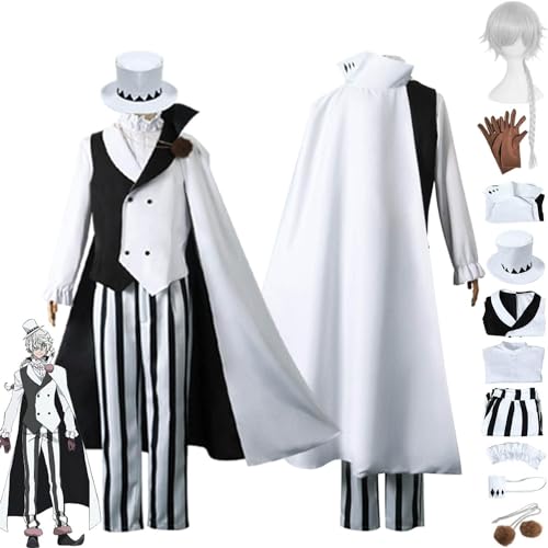 WOLWES Anime Bungou Stray Dogs Staffel 4 Nikolai Gogol Cosplay Kostüm Outfit Weiße Uniform Komplettset Halloween Party Dress Up Anzug mit Hut Perücke von WOLWES