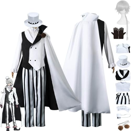 WOLWES Anime Bungou Stray Dogs Staffel 4 Nikolai Gogol Cosplay Kostüm Outfit Weiße Uniform Umhang Hut Perücke Augenmaske Komplettset Halloween Dress Up Anzug von WOLWES