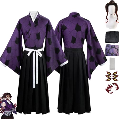 WOLWES Anime Charakter Kokushibou Cosplay Kostüm Outfit Dämon Slayer Kimono Perücke Tattoo Aufkleber Komplettes Set Halloween Karneval Anzug für Männer Jungen von WOLWES