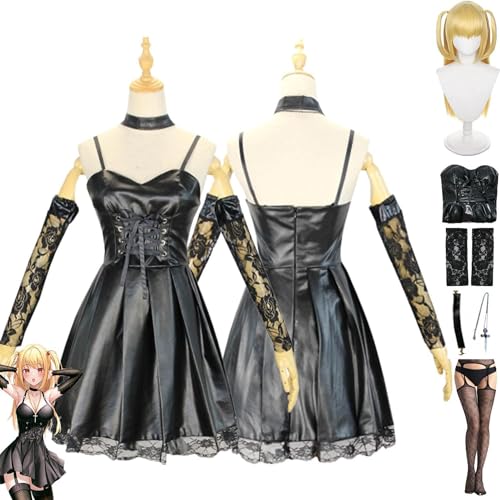 WOLWES Anime Death Note Misa Amane Cosplay Kostüm Outfit Kunstleder Sexy Kleider Komplettset Halloween Karneval Party Uniform Anzug mit Perücke für Frauen Mädchen von WOLWES