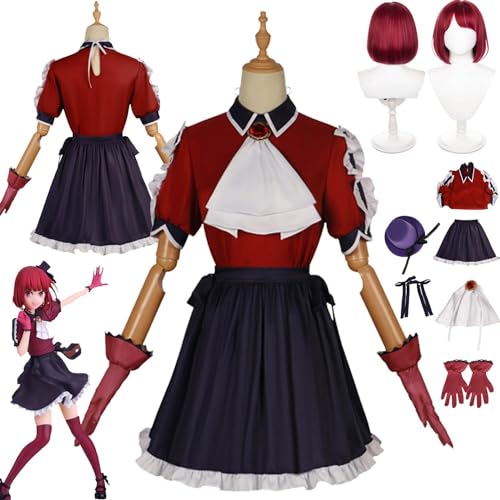 WOLWES Anime Oshi No Ko Arima Kana Cosplay Kostüm Outfit Hoshino Rubii Dunkelrote Uniform Komplettset Halloween Karneval Party Dress Up Anzug mit Hut Perücke für Frauen Mädchen von WOLWES