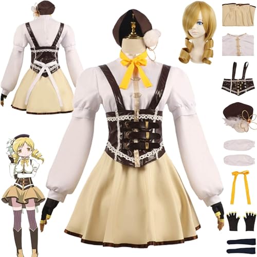 WOLWES Anime Tomoe Mami Cosplay Kostüm Outfit Puella Magi Madoka Magica Uniform Perücke Hut Kopfschmuck Komplettset Halloween Party Karneval Dress Up Anzug von WOLWES