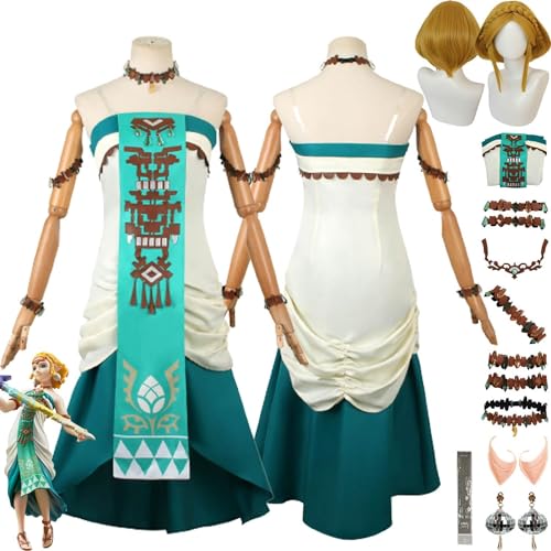 WOLWES Game Tears of the Kingdom Zelda Prinzessin Cosplay Kostüm Outfit Uniform Kleider Komplettes Set Halloween Party Dress Up Anzug mit Kopfschmuck Falsche Ohrringe Perücke für Frauen Mädchen von WOLWES