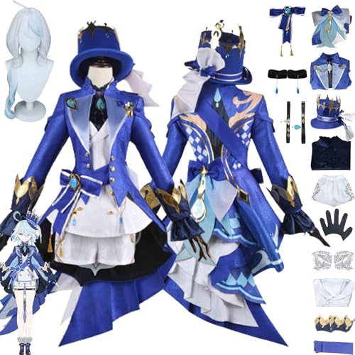 WOLWES Genshin Impact Focalors Cosplay Kostüm Outfit Spielfiguren Layla Raiden Shogun Blaue Uniform Komplettset Halloween Party Dress Up Anzug mit Hut Perücke von WOLWES
