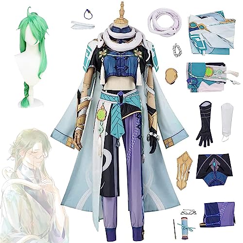 WOLWES Genshin Impact Games Baizhu Cosplay Kostüme Bai Zhu Schal Set Party Alltag Outfits Anzug mit Perücke Zubehör für Halloween Uniform Karneval Tag Erwachsene Frauen Männer Jungen von WOLWES