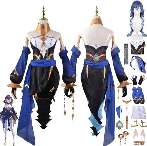 WOLWES Genshin Impact Layla Cosplay Kostüm Outfit Charaktere Raiden Shogun Uniform Komplettset Halloween Karneval Party Dress Up Anzug mit Hut Perücke von WOLWES