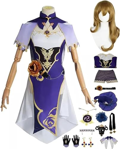 WOLWES Genshin Impact Lisa Cosplay Kostüm Outfit mit Perückenhut, Spielcharaktere Hutao Clover Venti Uniform Kleid Komplettset Damen Mädchen von WOLWES