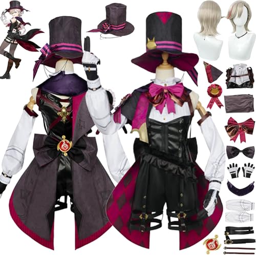 WOLWES Genshin Impact Lyney Cosplay Kostüm Outfit Spielcharakter Uniform Lynette Overall Komplettset Halloween Party Karneval Dress Up Anzug mit Hut Perücke von WOLWES