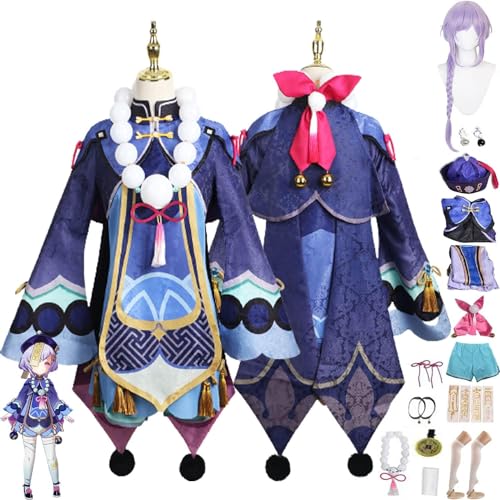 WOLWES Genshin Impact Qiqi Cosplay Kostüm Outfit Spielcharaktere Hutao Raiden Shogun Uniform Komplettset Halloween Party Dress Up Anzug mit Hut Perücke von WOLWES