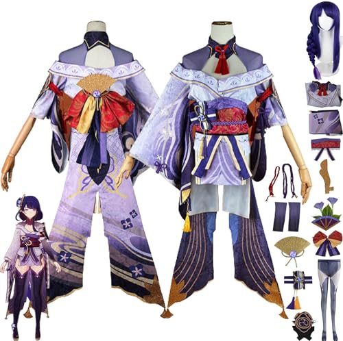 WOLWES Genshin Impact Raiden Shogun Cosplay Kostüm Outfit Charaktere Hutao Uniform Komplettes Set Halloween Dress Up Anzug mit Perückenkopfschmuck von WOLWES
